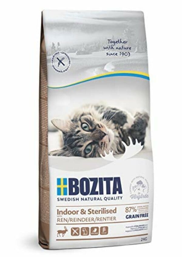 Bozita Indoor & Sterilised Getreidefrei mit Rentier | Trockenfutter für erwachsene hauptsächlich drinnen lebende Katzen | 2 kg