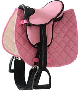 Helga Kreft 50088 Sattelset | für Gartenpferd für Susi + Tamme | Sattel rosa und Schabracke mit Karosteppung | 28 x 35 x 31 cm