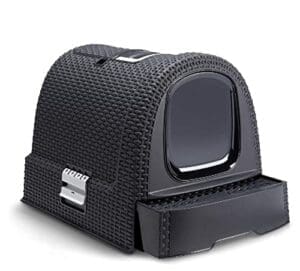 Curver 2068961 petlife Katzentoilette | Mit Deckel | inklusive Schaufel |moderne Rattangeflecht-Optik | 50 x 38,5 x 40 cm