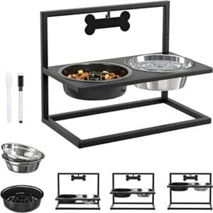 Lewondr Erhöht Hundenapf | Namensschild | Höhenverstellbarer Napfständer mit 1 Futterschale & 2 Edelstahlnäpfen