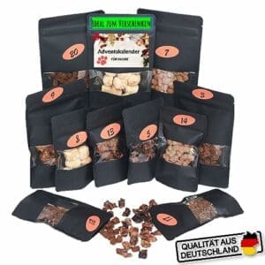 MERVELA® Adventskalender für Hunde 2023 | 24 Beutel Kauvergnügen | Hundeliebhaber Hundebesitzer beschenken | 100% natürlich (für große Hunde) über 540 Gramm