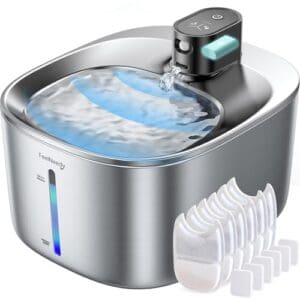 Batteriebetriebener Katzentrinkbrunnen Kabellos mit Bewegungsmelder aus Edelstahl Trinkbrunnen für Katzen mit Sensor, FEELNEEDY 4L Katzenbrunnen Ohne Strom Leiser mit 6 Filter+12 Schwämme-INOX