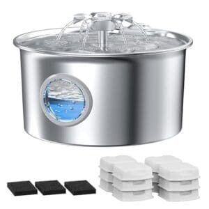 Katzenbrunnen für Katzen Edelstahl Katzentrinkbrunnen: 2.6L Katzenbrunnen für Katzen – Super Silent Wasserbrunnen für Hunde – Blumen Wasserfall Design – mit 6 Kohlefilters + 3 Schwämmes