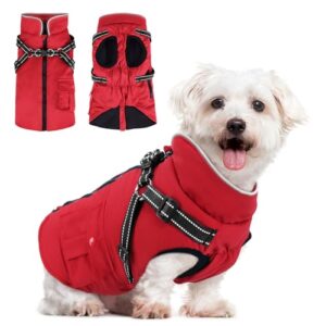 Woiil Hundemantel für Mittelgroße Hunde Winter Warmer Winter Wasserdicht Hundejacke Winddichter Wintermantel kuschelige Reflektierend Ärmellose mit Geschirr Outdoor Rot M