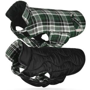 VIVAGLORY Softjoy Hundemantel, Wintermantel mit Bauchschutz & Klettverschluss, Hundejacke für Winter & Weihnachten, Warm Softshell Kariert Schnittmuster Verstellbar, S, Grün