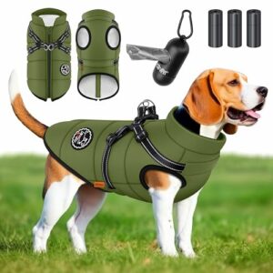 LOVPET® Hundejacke Hundemantel mit Geschirr, inkl. 45 Stück Kotbeutel + Spender, Hunde Winterweste gefüttert wasserdicht, Gepolsterte Weste Mit Brustgurt, Reflektoren, D-Ring L, Khaki